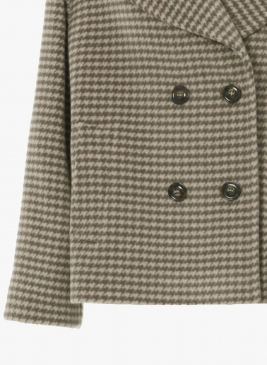 Short oversized dark taupe houndstooth coat in pure wool with maxi notch collar