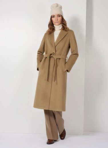 Taillierter Gürtelmantel aus reinem Cashmere in Camel