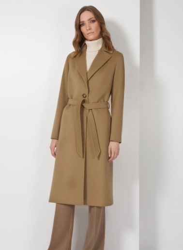 Taillierter Gürtelmantel aus reinem Cashmere in Camel