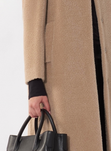 Maxi dark beige wool and alpaca coat with inverted notch collar