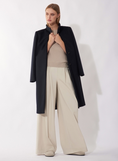 Blue pure cashmere coat with high stand up collar