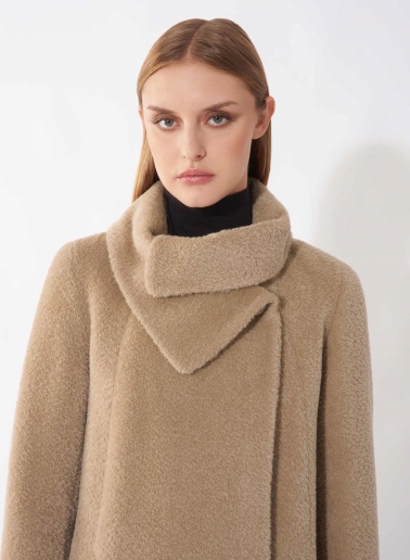 Short flared dark beige wool and alpaca coat with crossover collar