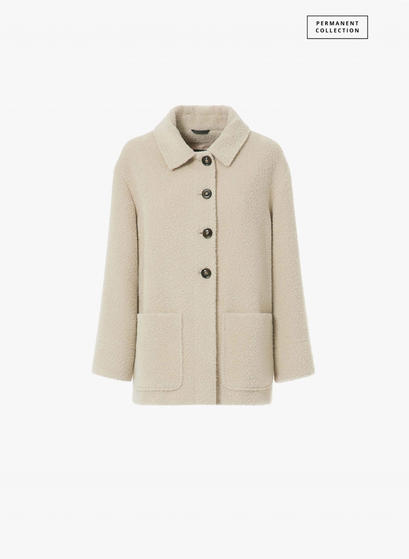 Short beige wool and alpaca coat with shirt collar and patch pockets