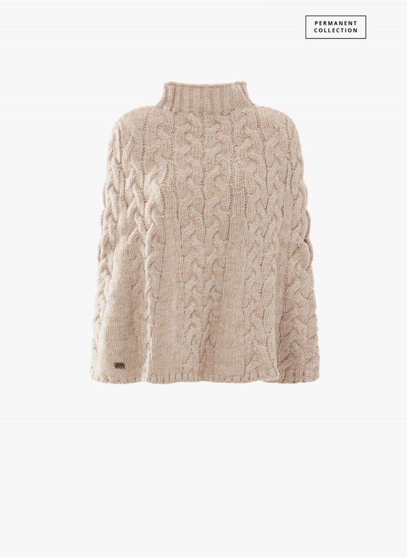Gestricktes Cape mit Zopfmuster in Beige