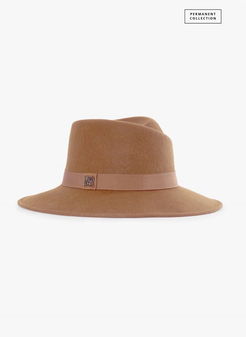 Camel wool felt asymmetric fedora hat