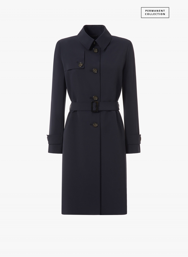 Single breasted blue trench coat in technical fabric with hand stitches