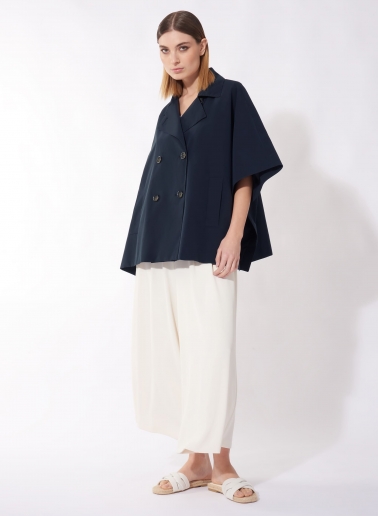Double breasted blue cape in rainproof technical fabric
