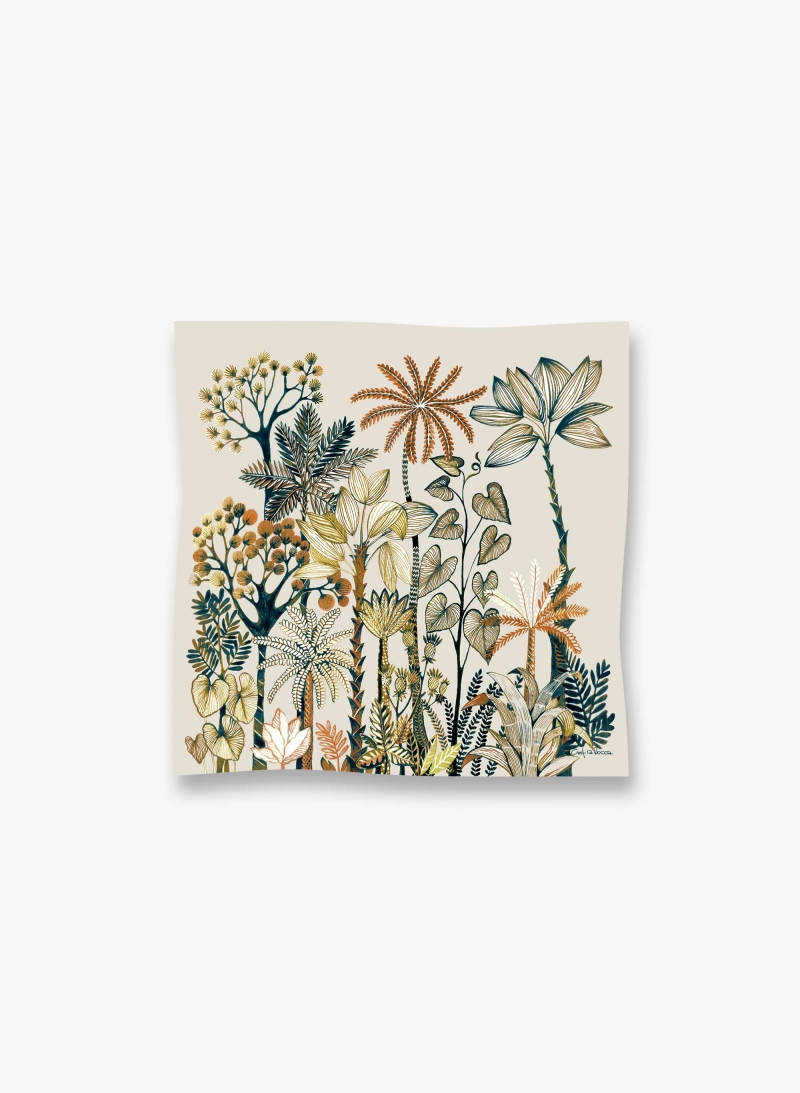 Beige pure silk twill scarf with stylized plant pattern