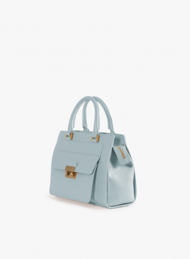 Light blue genuine leather structured bag with metal closure