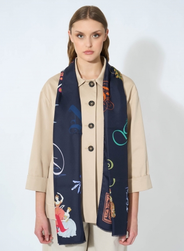 Blue pure silk twill maxi scarf with letter pattern