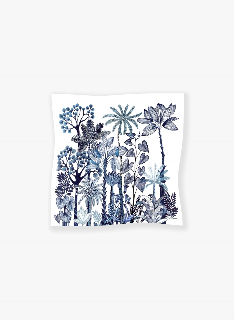 Blue pure silk twill scarf with stylized plant pattern
