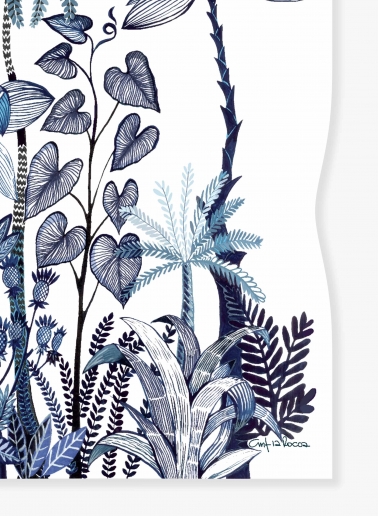 Blue pure silk twill scarf with stylized plant pattern