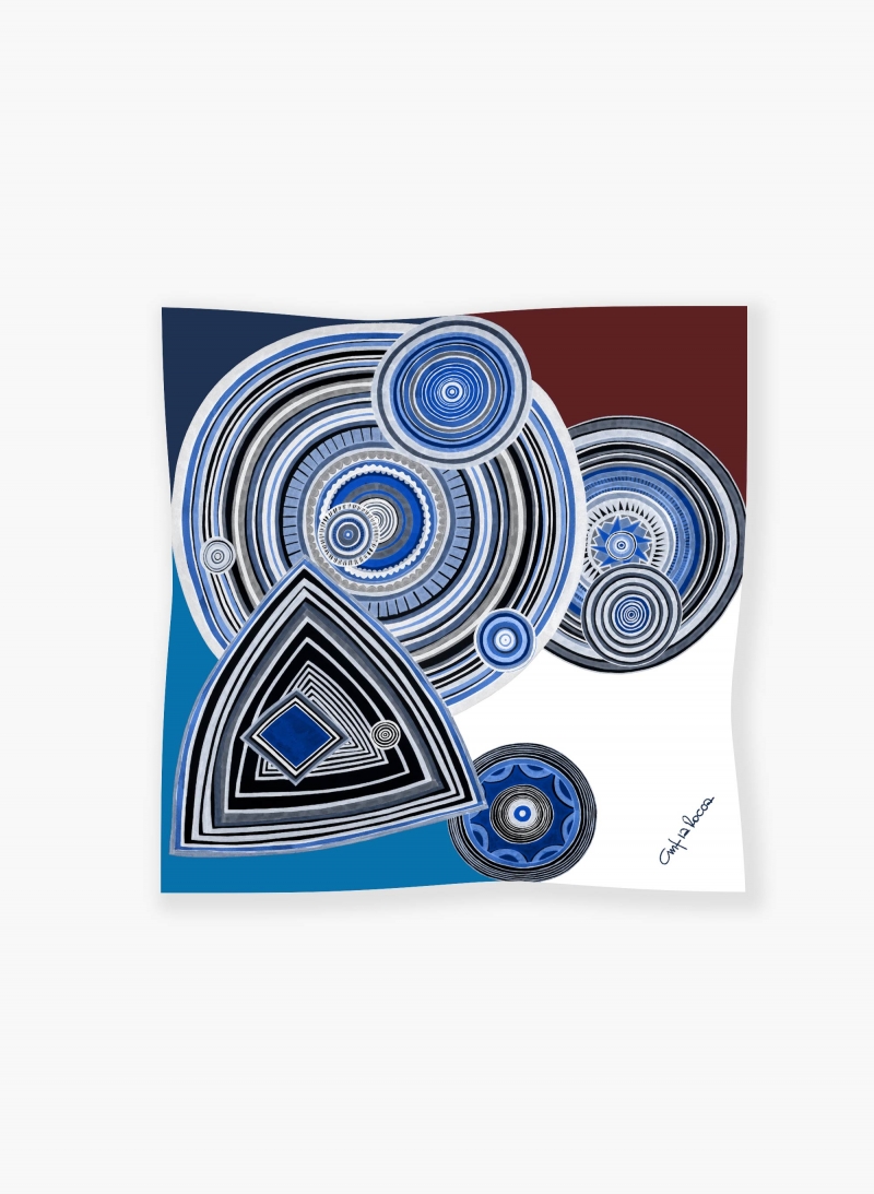 Blue silk twill small scarf with geometric pattern