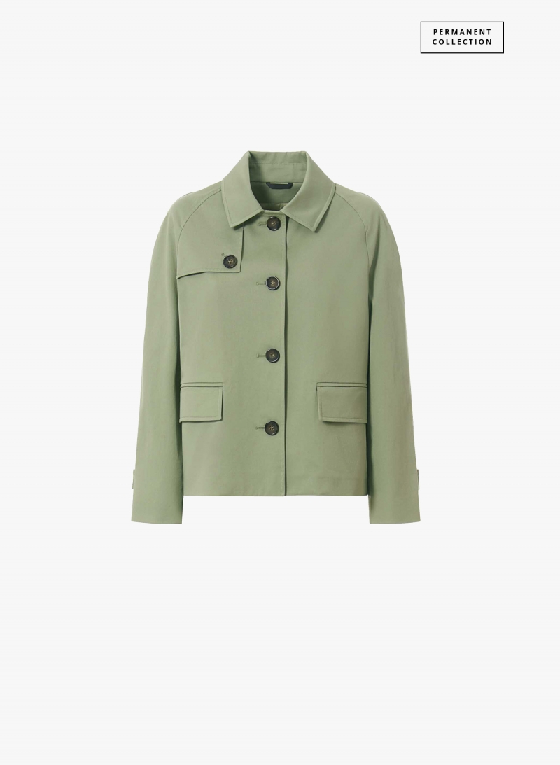 Military green cotton jacket with shirt collar and trench-style flap