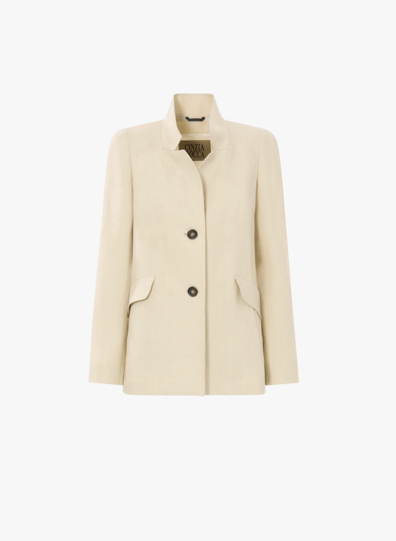 Jacke mit umklappbarem Reverskragen aus Leinen in Beige