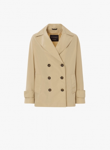 Double breasted beige jacket with maxi notch collar in rainproof technical fabric