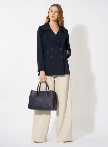 Dark blue double-breasted jacket with dual use notch collar