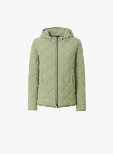 Military green quilted jacket in technical fabric with hood