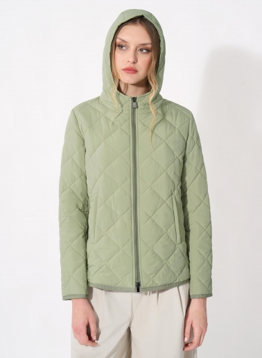 Military green quilted jacket in technical fabric with hood