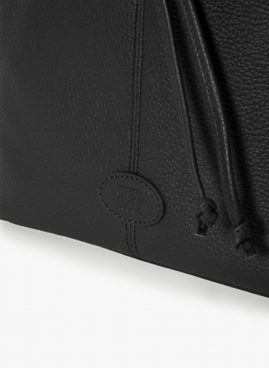Black genuine leather bucket bag with gusset and logo