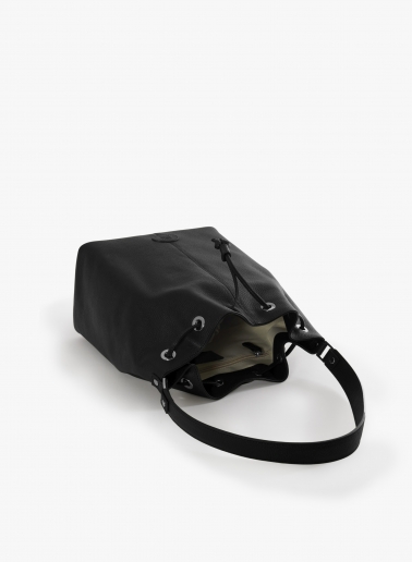 Black genuine leather bucket bag with gusset and logo