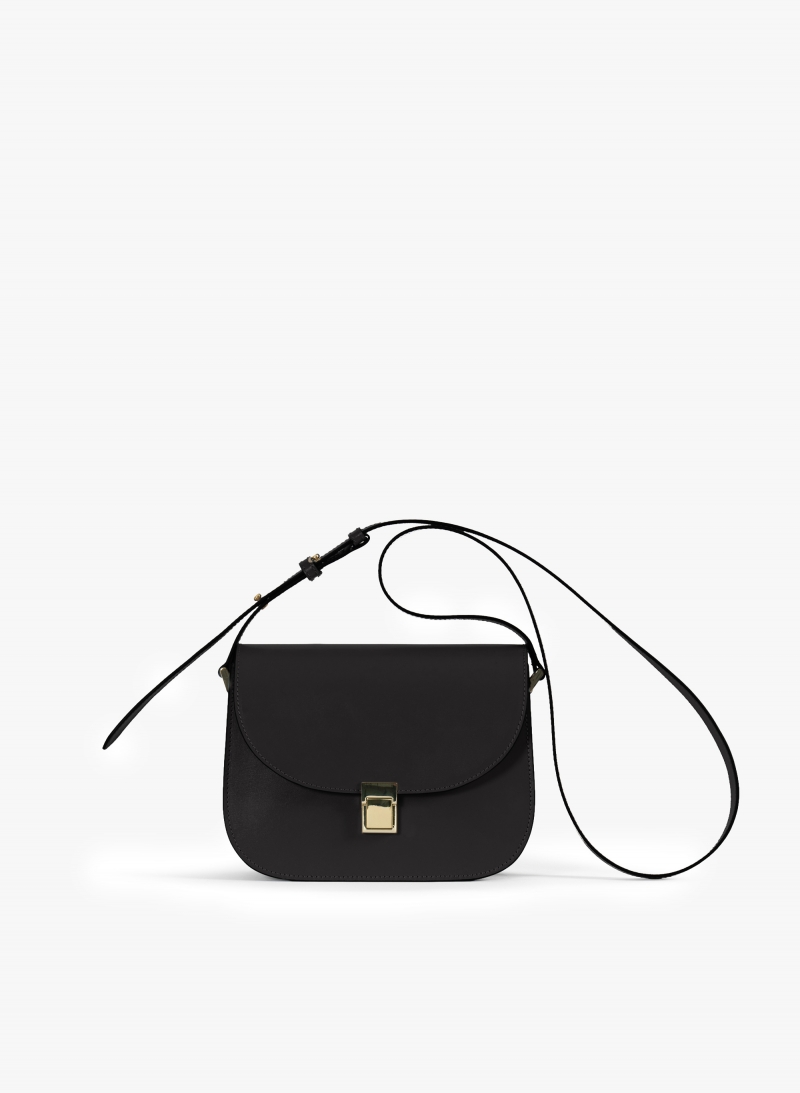 Black smooth leather shoulder bag with metal closure