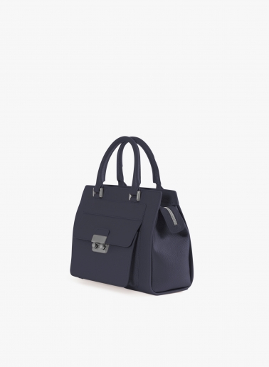Blue genuine leather structured bag with metal closure
