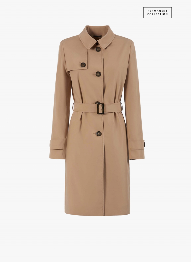 Rainproof tech taffeta camel trench coat