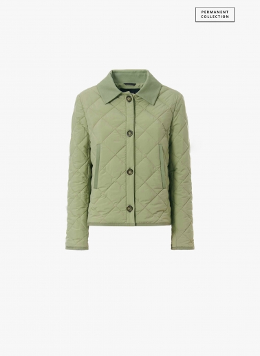 Military green quilted jacket with shirt collar and contrasting details