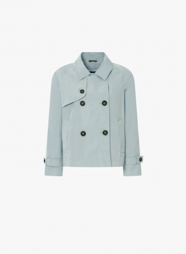 Double breasted light blue jacket in rainproof technical fabric