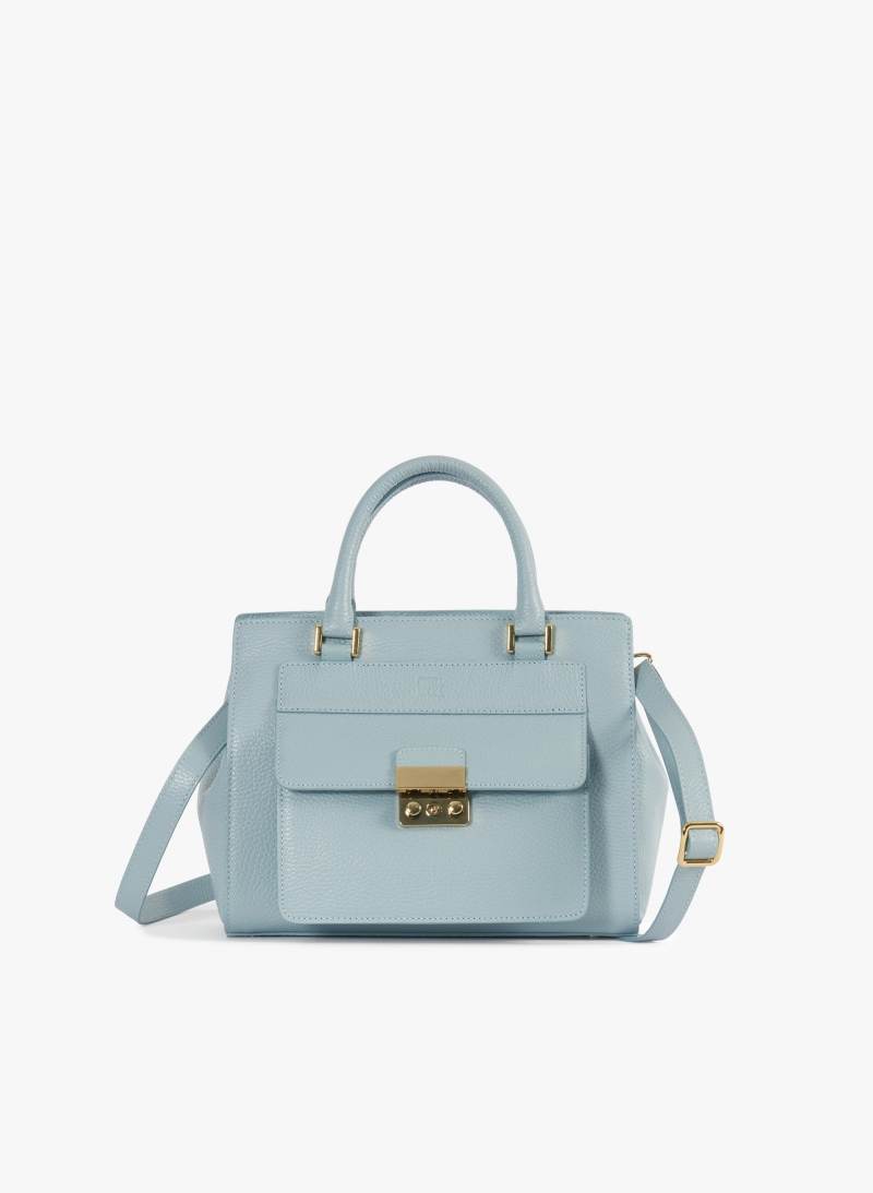 Steife Tasche aus Leder mit Metallverschluss in Hellblau