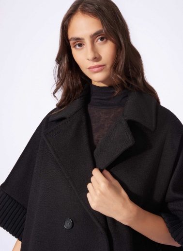 Black pure camel wool cape with knitted inserts