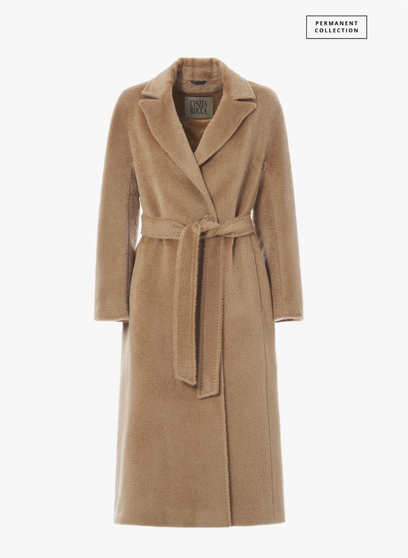 Maxi belted camel alpaca and wool wrap coat