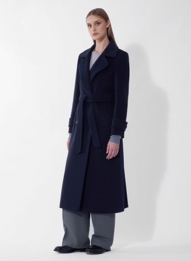 Maxi blue pure wool trench with belt