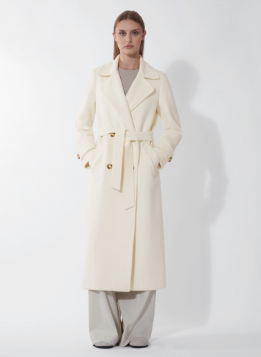 Maxi white pure wool trench with belt
