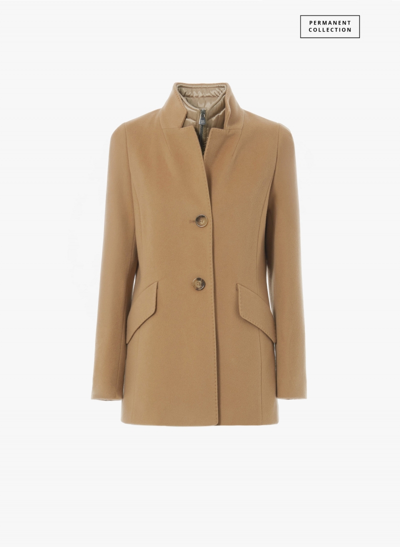 Short camel pure wool coat with detachable nylon bib