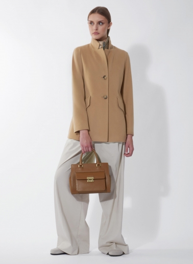 Short camel pure wool coat with detachable nylon bib