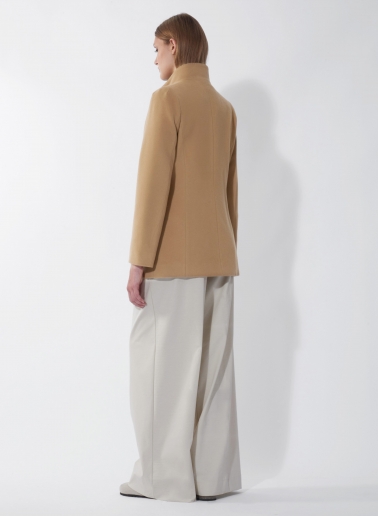 Short camel pure wool coat with detachable nylon bib