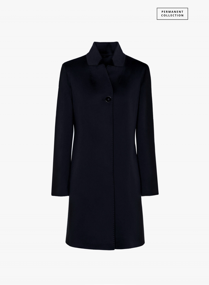 Inverted notch collar dark blue coat crafted with pure wool