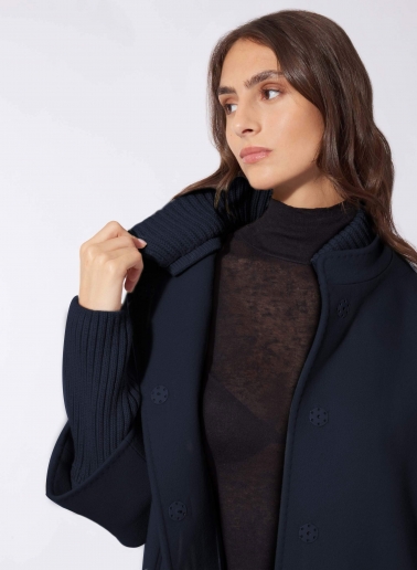 Short oversized blue pure wool coat with knitted details