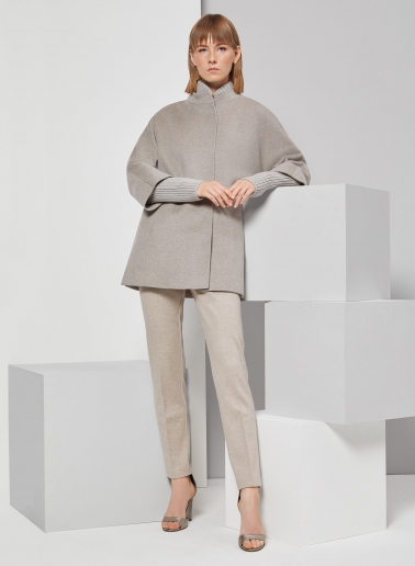 Short oversized beige pure wool coat with knitted details