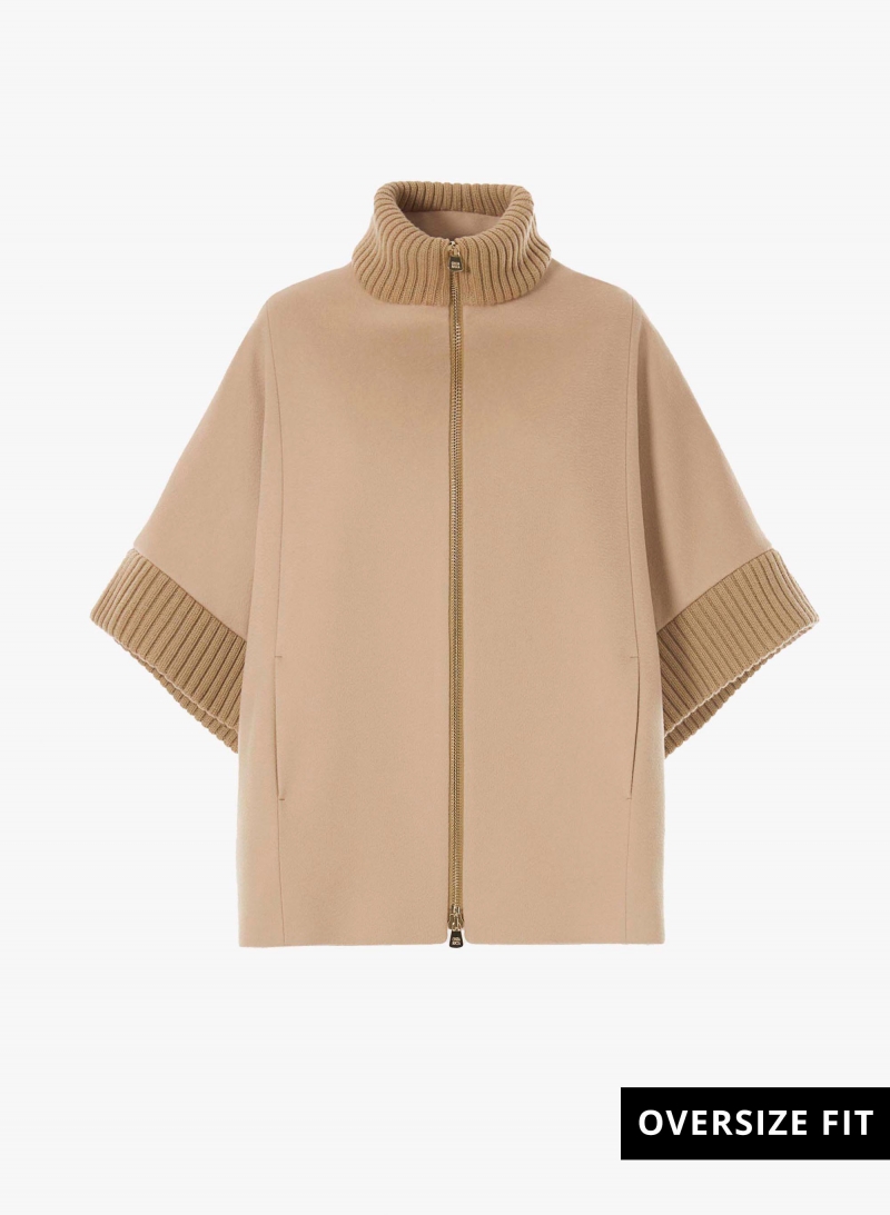 Zipped light camel pure zibeline wool cape