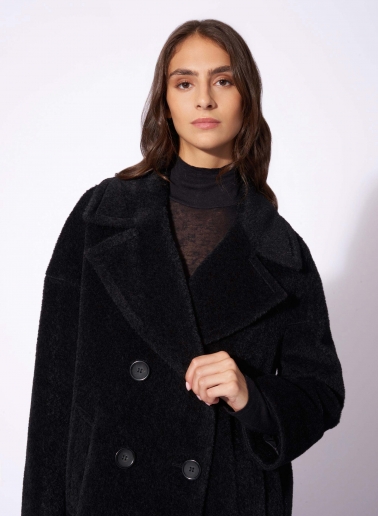 Short oversized black double breasted wool and alpaca coat