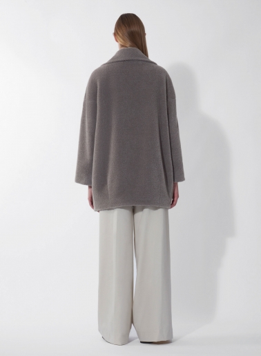 Short oversized dark taupe double breasted wool and alpaca coat