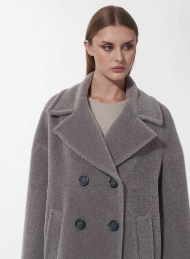 Short oversized dark taupe double breasted wool and alpaca coat