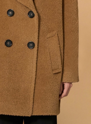 Short oversized dark camel double breasted wool and alpaca coat