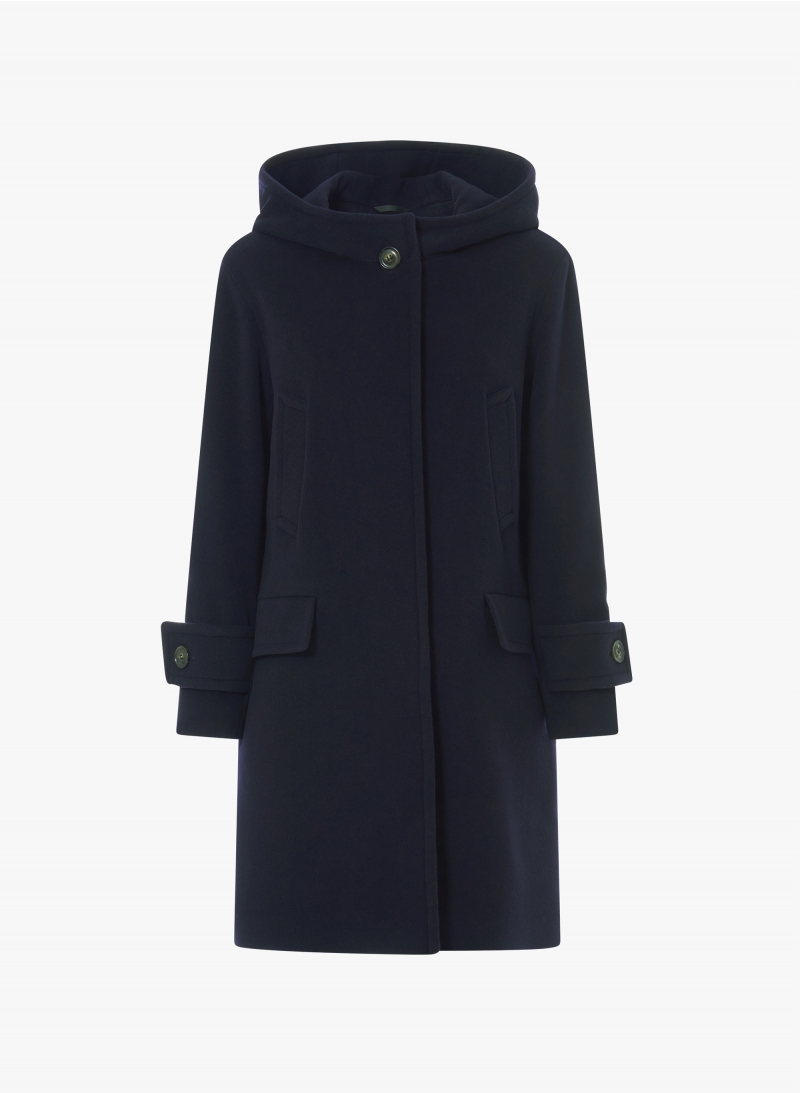 Hooded blue wool and cashmere parka with double pockets