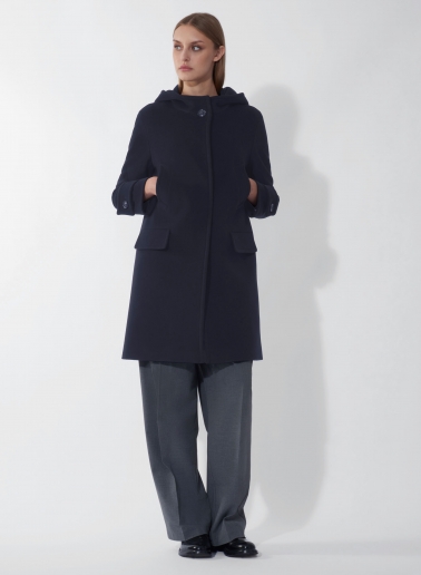 Hooded blue wool and cashmere parka with double pockets