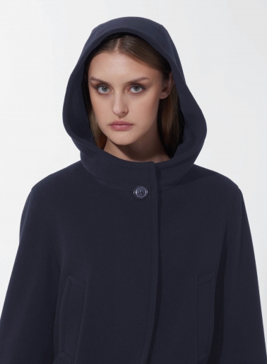 Hooded blue wool and cashmere parka with double pockets