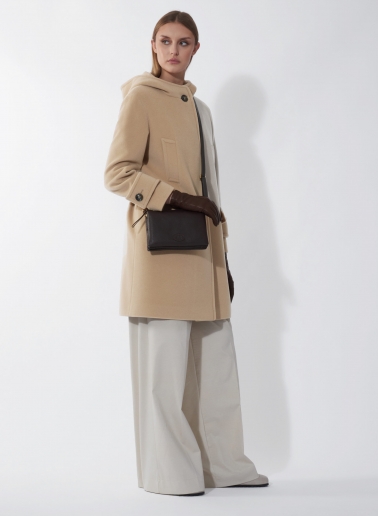 Hooded light camel wool and cashmere parka with double pockets